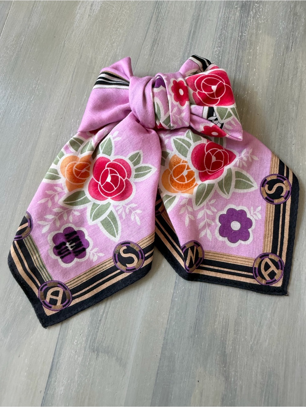 Anna Sui floral cotton scarf Bandana Roses Butterfly Purple Hair Bow Bag Scarf - Picture 10 of 12